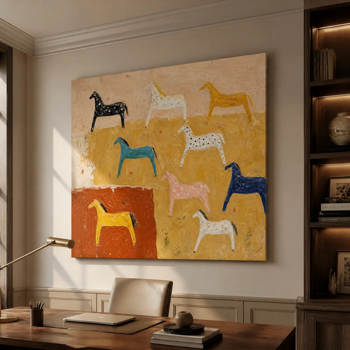 Colorful horse pattern painting in a modern office, handmade wall art with abstract folk style.