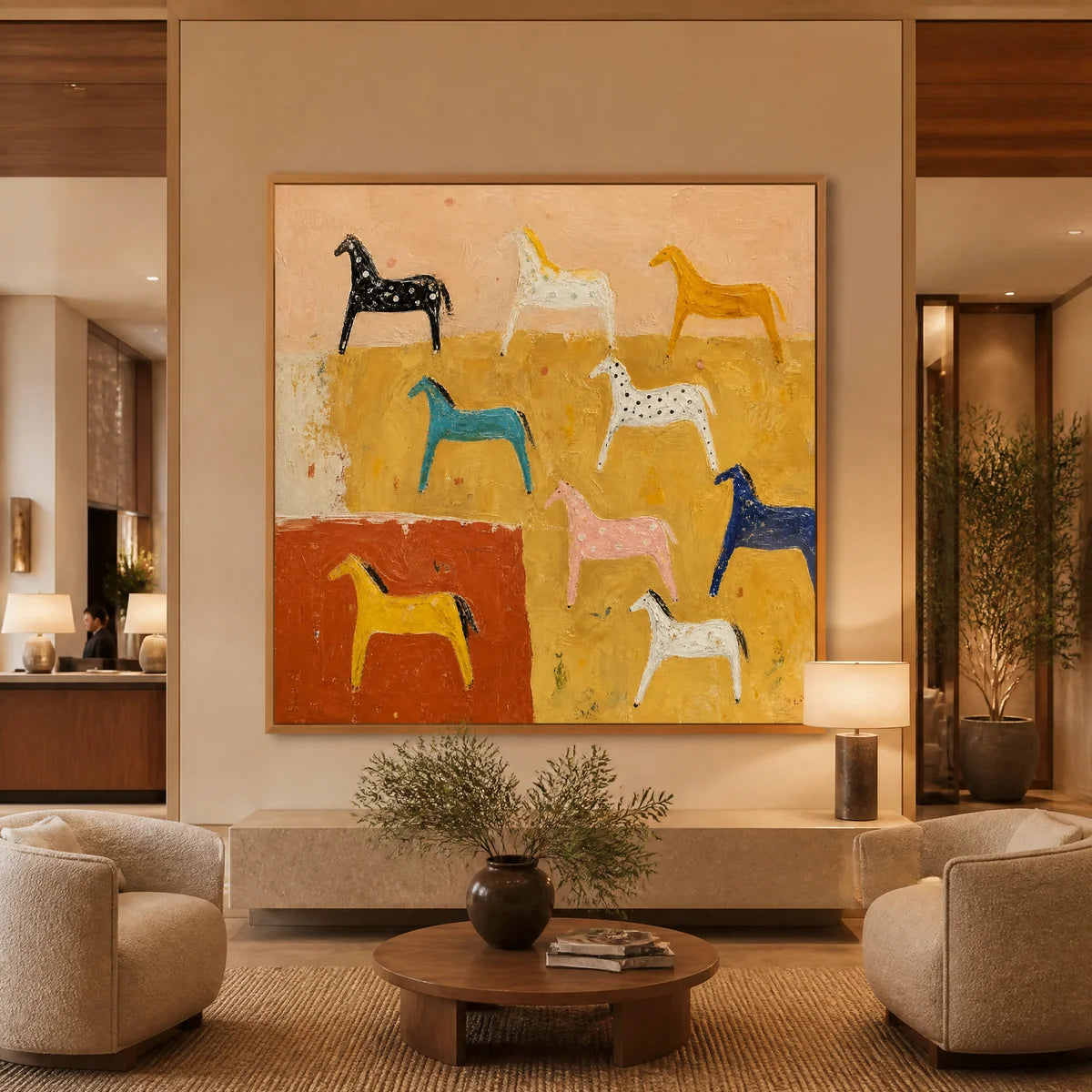 Colorful horse pattern painting in a wood frame displayed in a luxury hotel lobby.