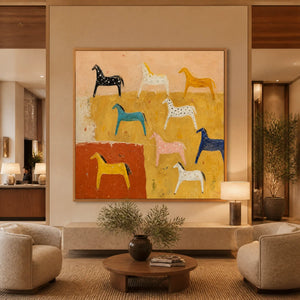 Colorful horse pattern painting in a wood frame displayed in a luxury hotel lobby.
