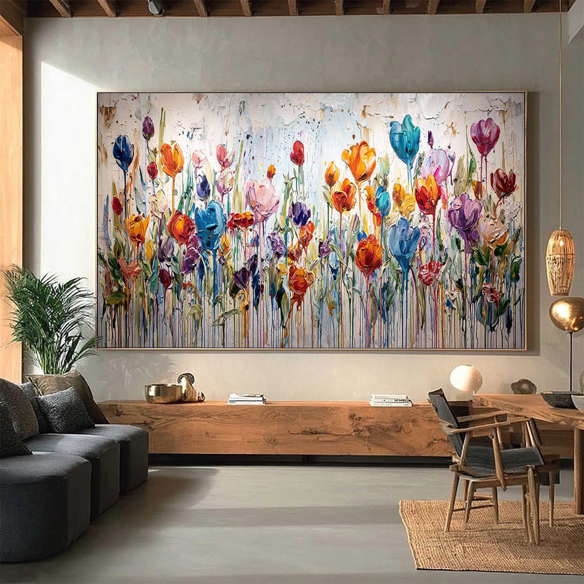 JOYFUL MELODY: Vibrant Abstract Flower Field Painting with Impasto Texture