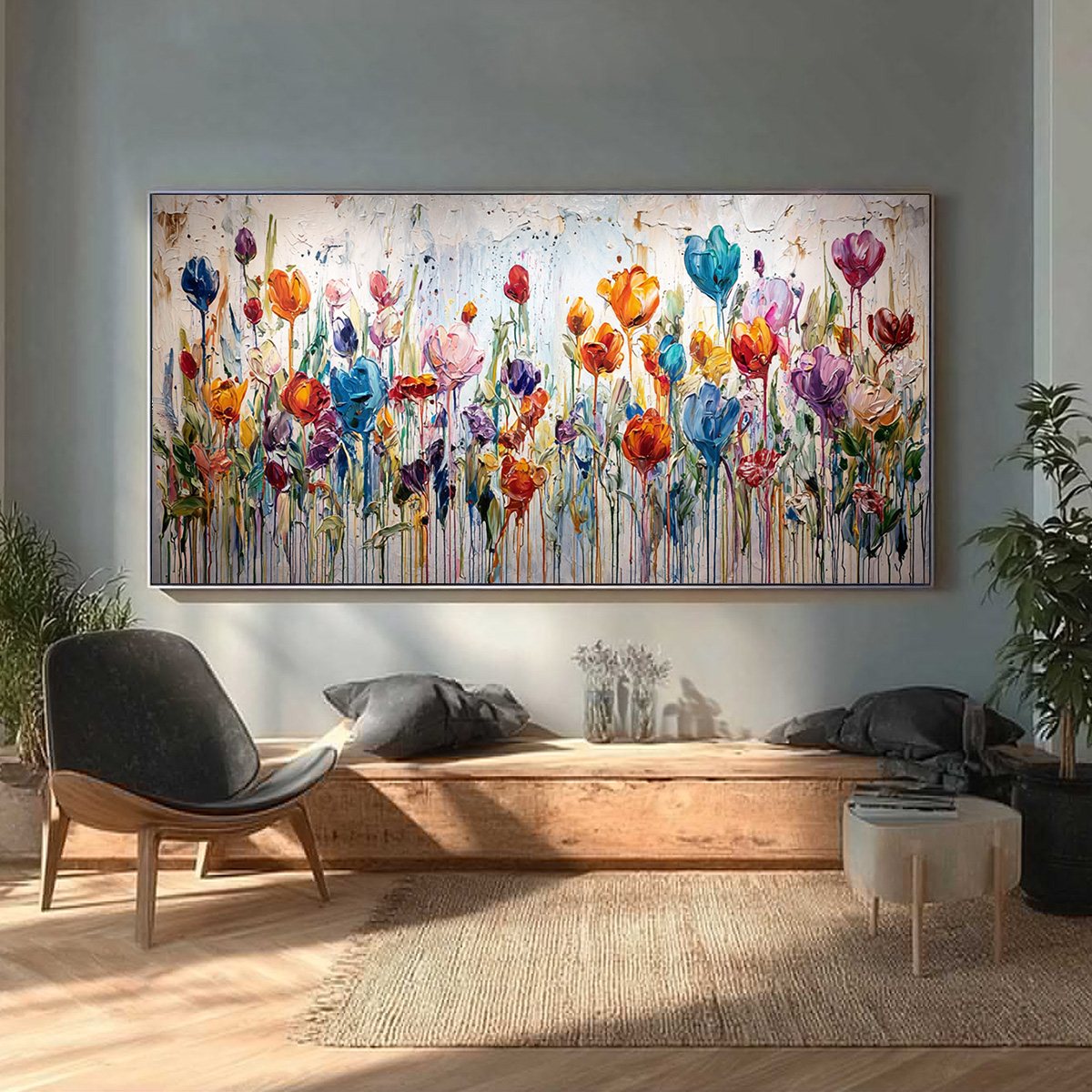JOYFUL MELODY: Vibrant Abstract Flower Field Painting with Impasto Texture