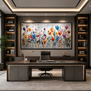 Vibrant abstract flower field painting with impasto texture in modern office