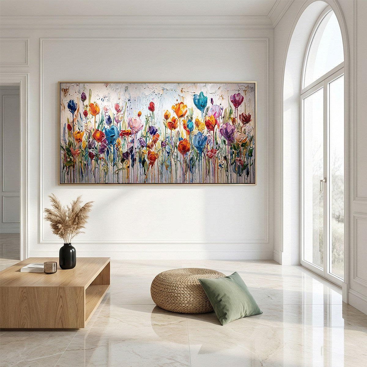 JOYFUL MELODY: Vibrant Abstract Flower Field Painting with Impasto Texture
