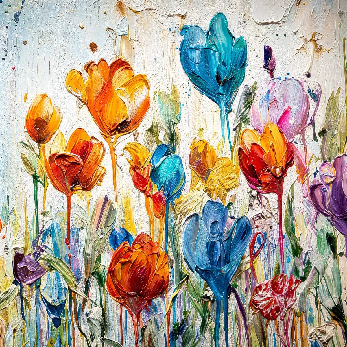 Vibrant abstract flower field oil painting with impasto texture, colorful blooms