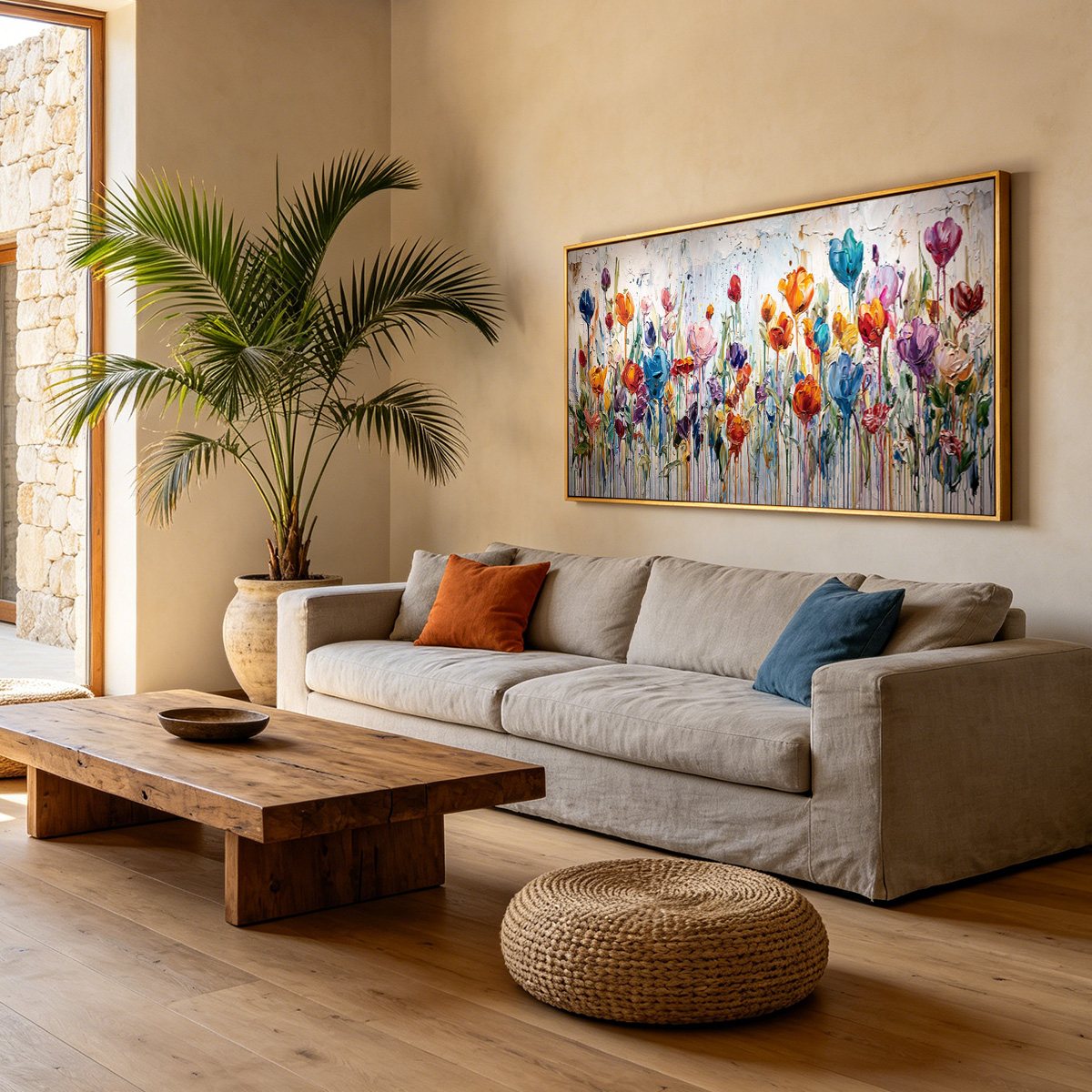 JOYFUL MELODY: Vibrant Abstract Flower Field Painting with Impasto Texture