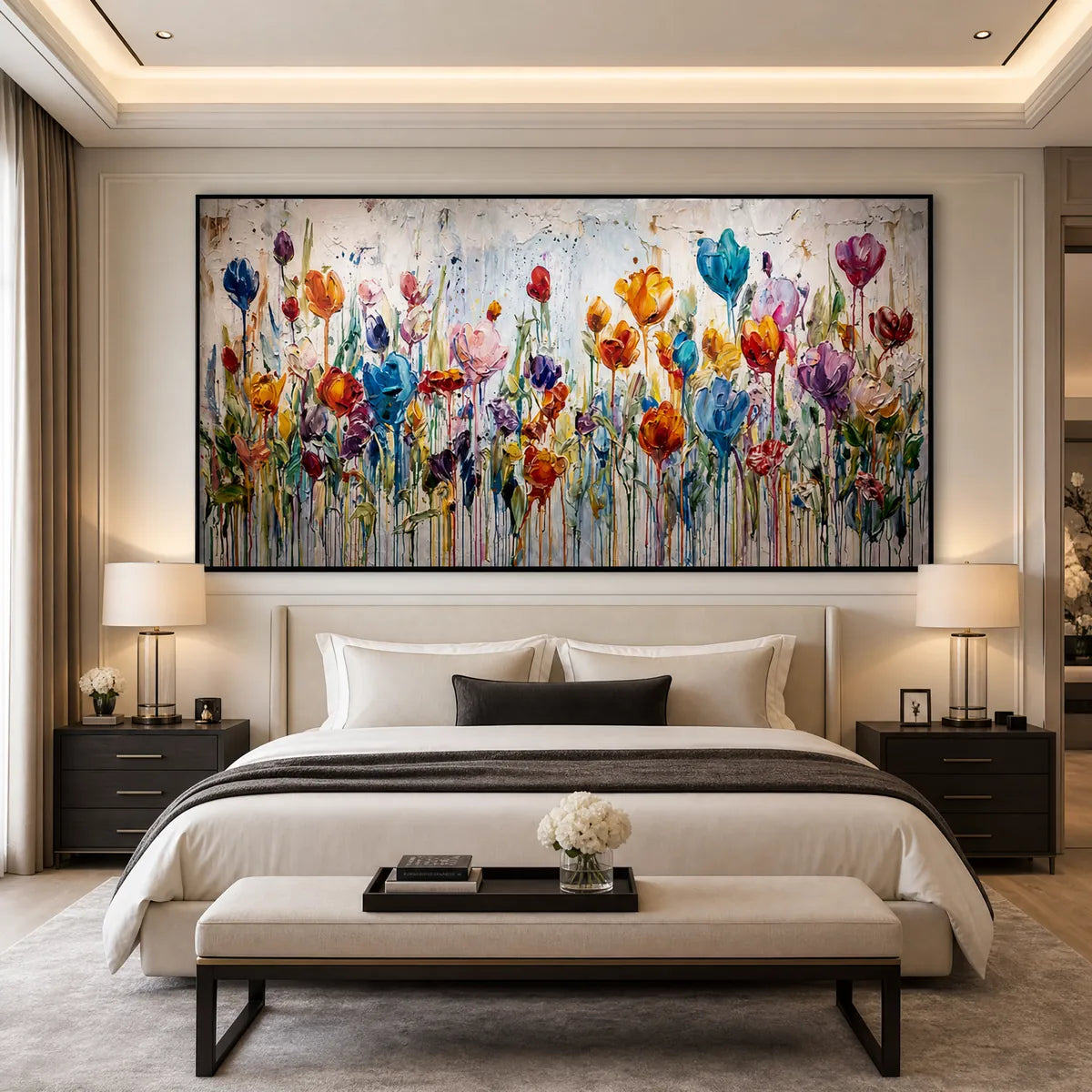Colorful abstract flower field oil painting with impasto texture above a modern bed