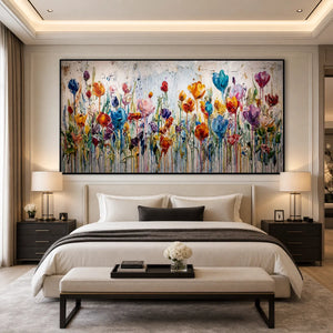Colorful abstract flower field oil painting with impasto texture above a modern bed