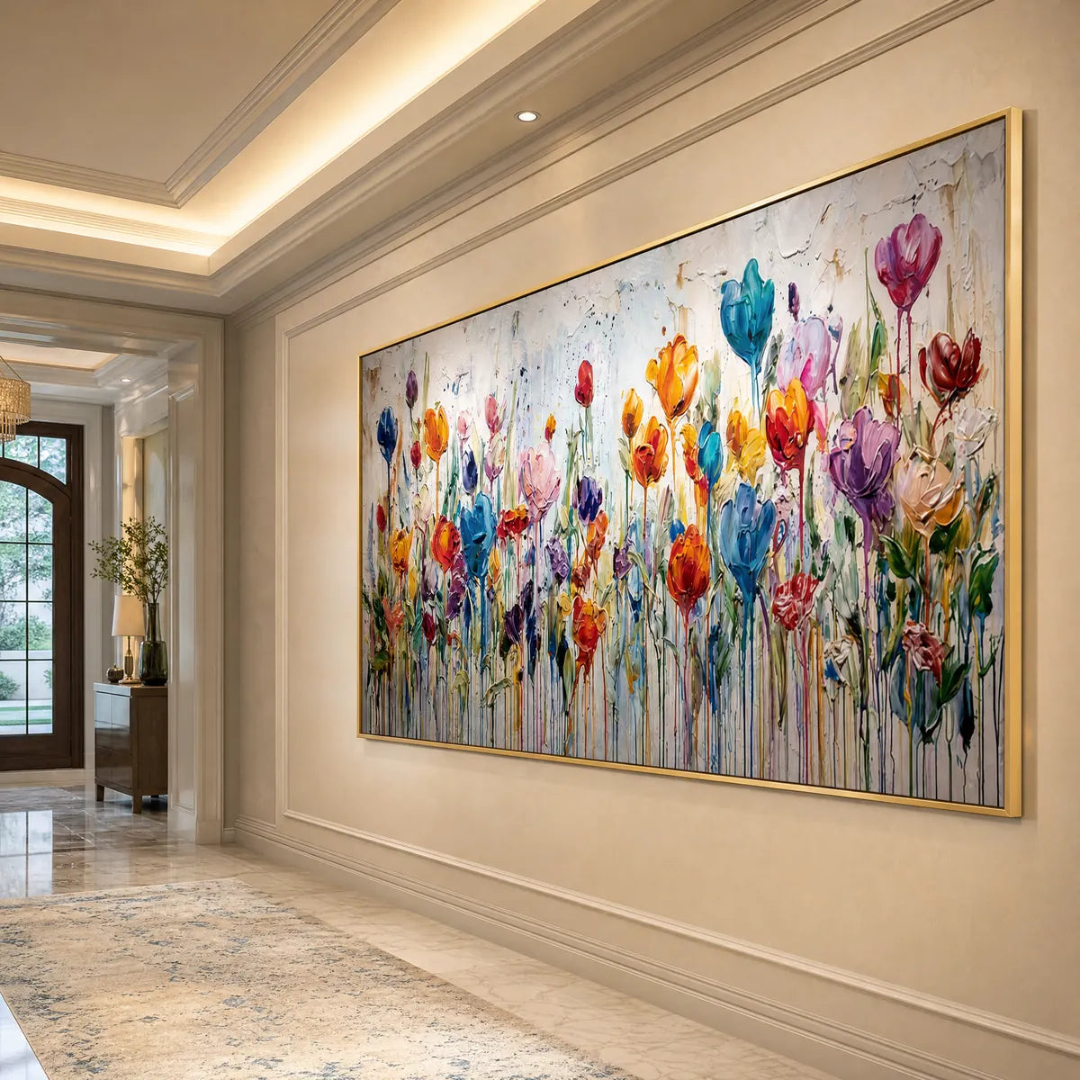 Vibrant abstract flower field oil painting with impasto texture, gold frame