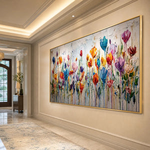 Vibrant abstract flower field oil painting with impasto texture, gold frame