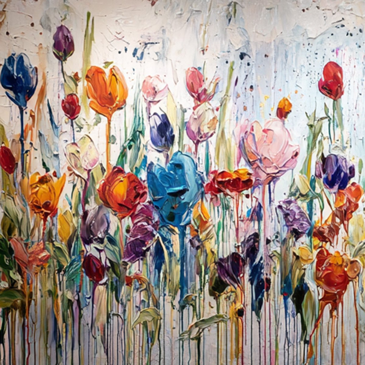 JOYFUL MELODY: Vibrant Abstract Flower Field Painting with Impasto Texture