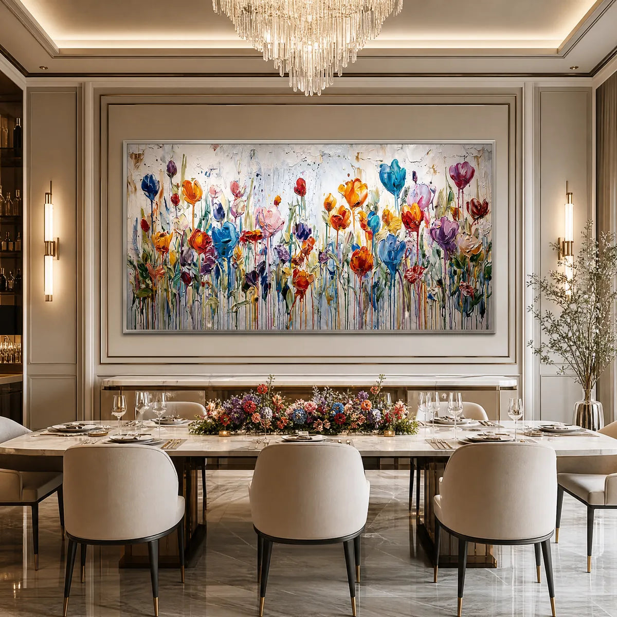 Vibrant abstract flower field oil painting with impasto texture in luxury dining room