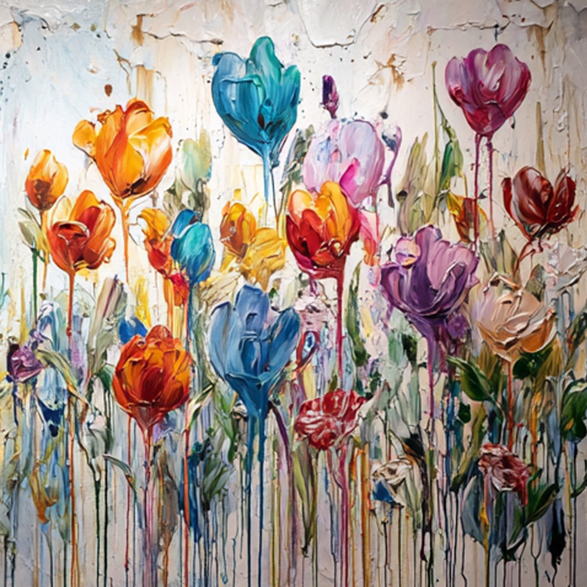 JOYFUL MELODY: Vibrant Abstract Flower Field Painting with Impasto Texture