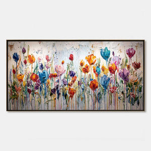 Colorful abstract flower field oil painting with impasto texture and drips