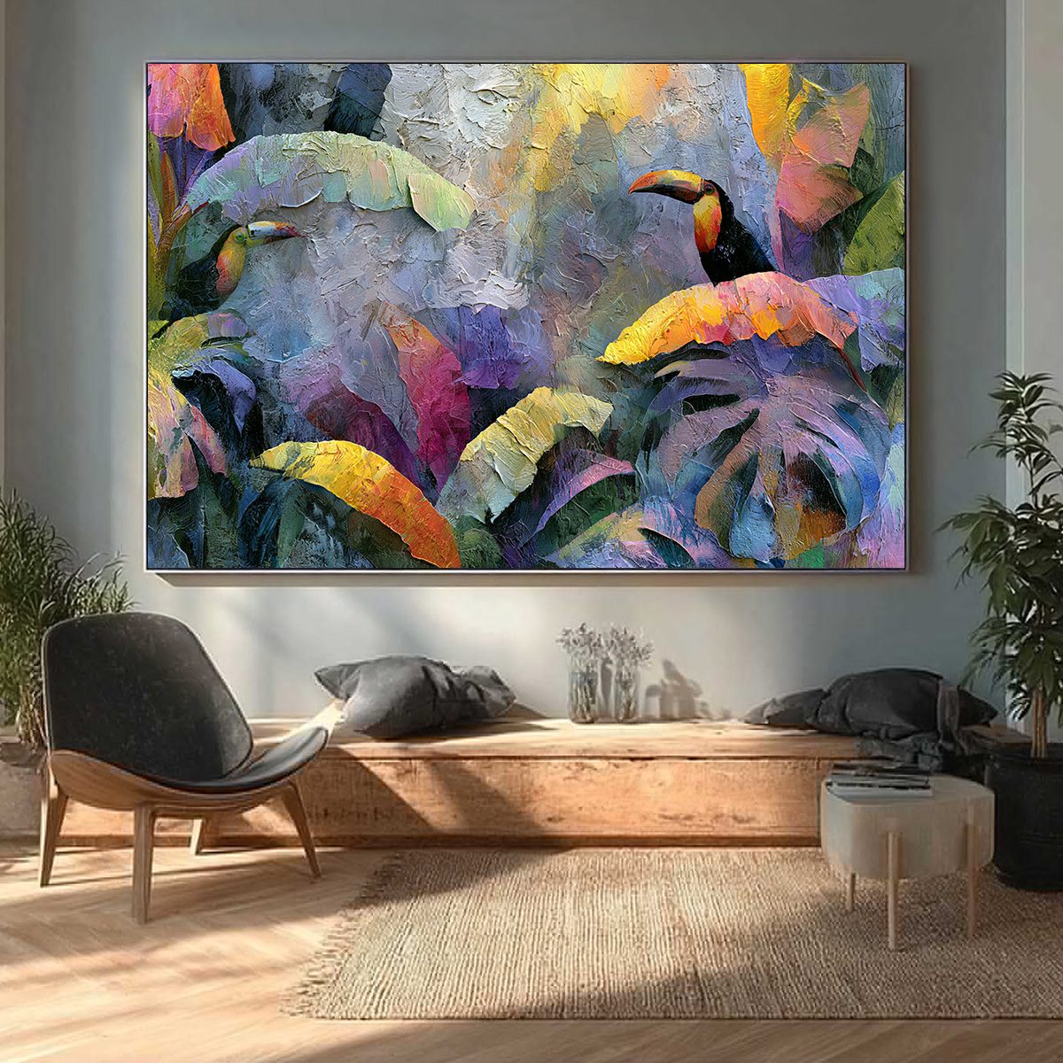 JUNGLE SANCTUARY: Heavily Textured Impasto Toucan & Tropical Leaf Painting