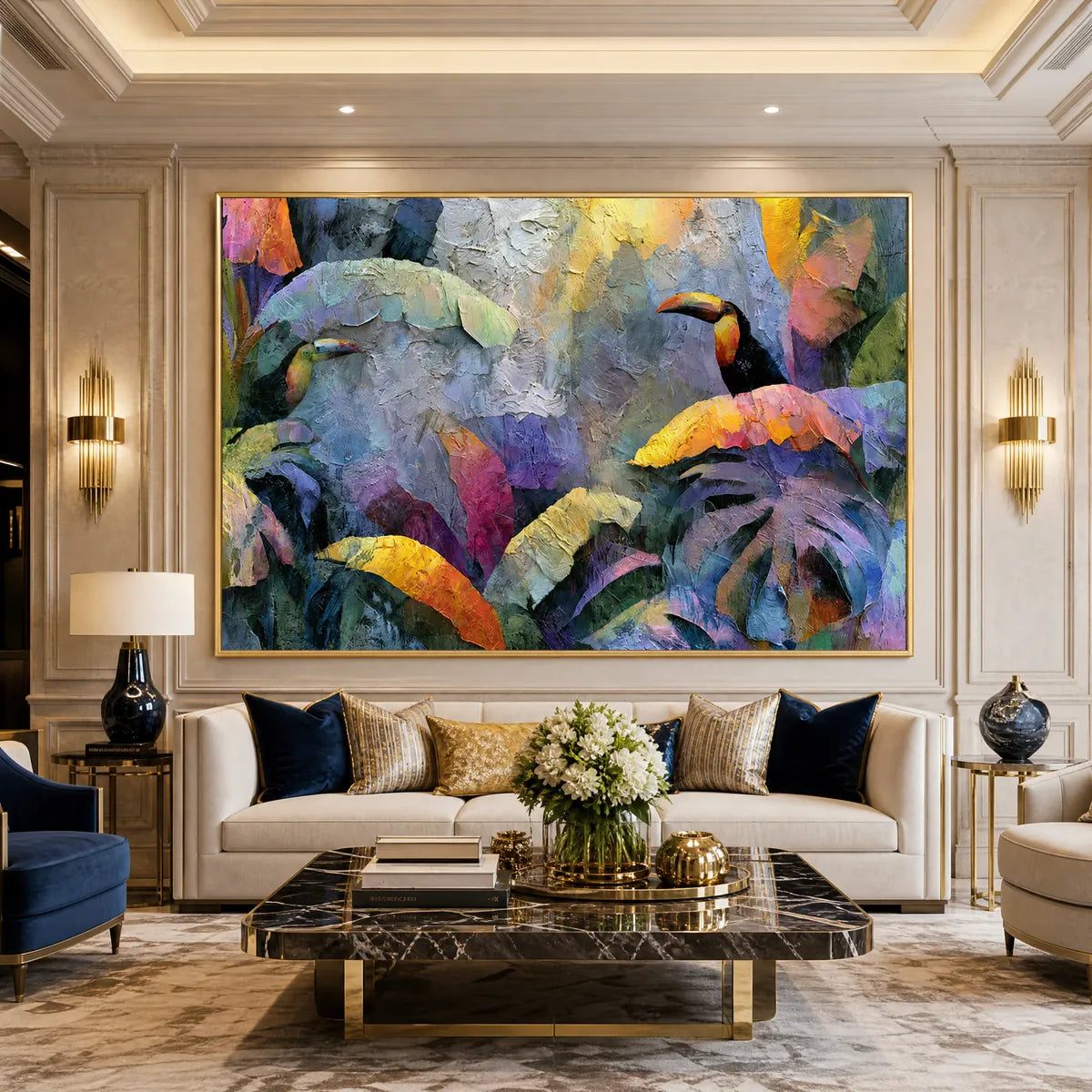 Heavily textured impasto toucan and tropical leaf wall art in vibrant colors