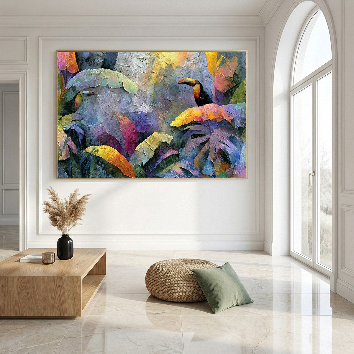 JUNGLE SANCTUARY: Heavily Textured Impasto Toucan & Tropical Leaf Painting