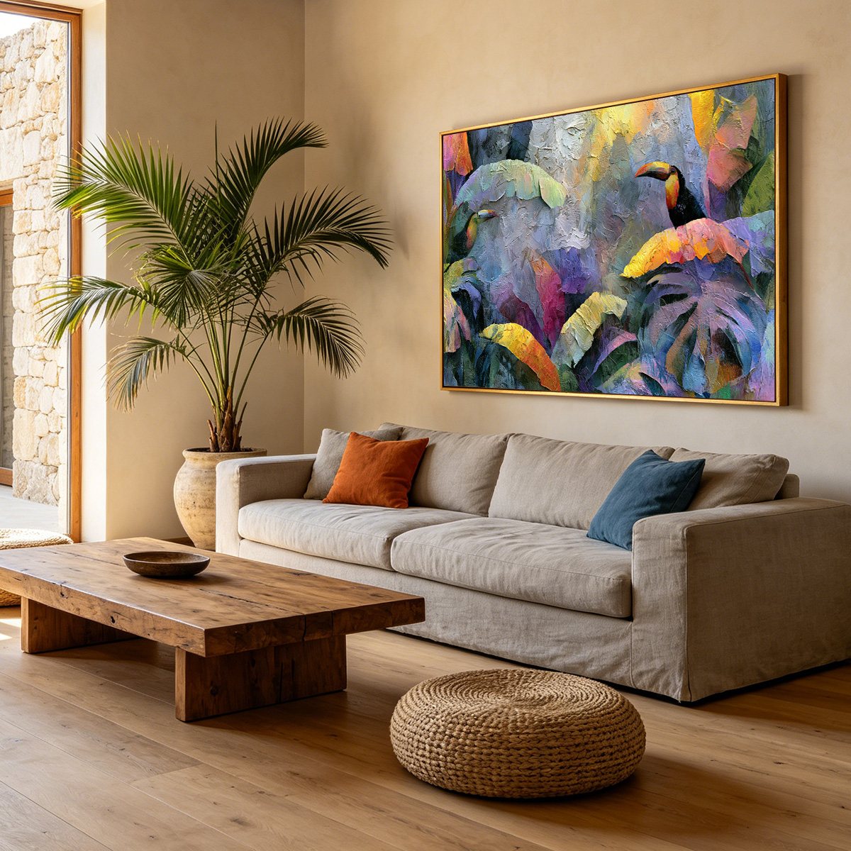 JUNGLE SANCTUARY: Heavily Textured Impasto Toucan & Tropical Leaf Painting