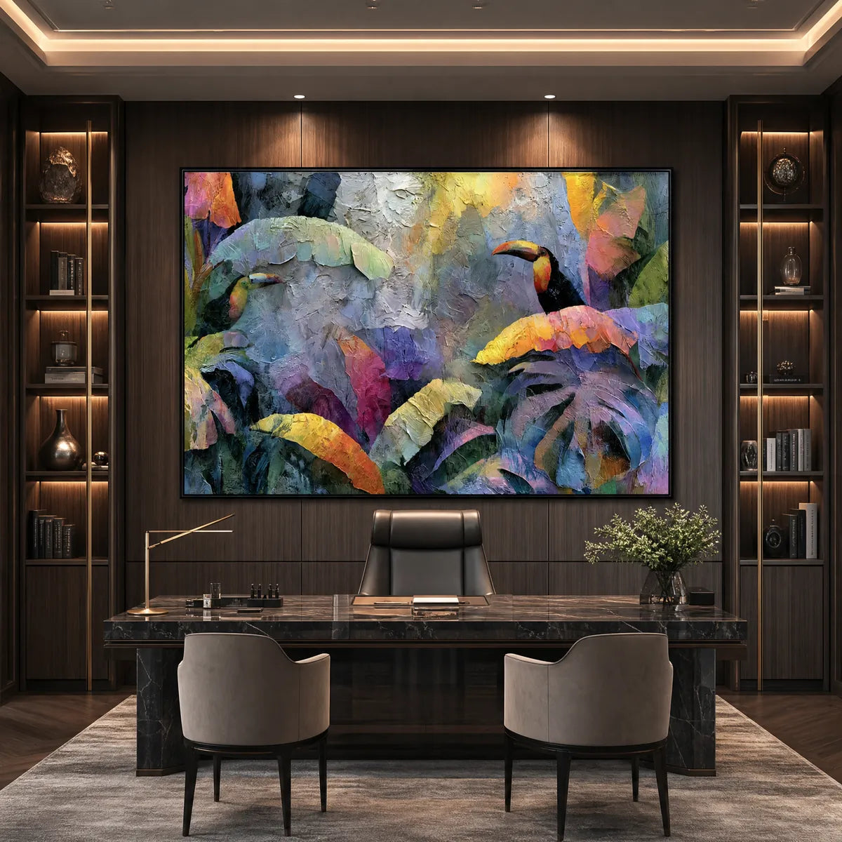 Heavily textured toucan and tropical leaf oil painting in a modern office
