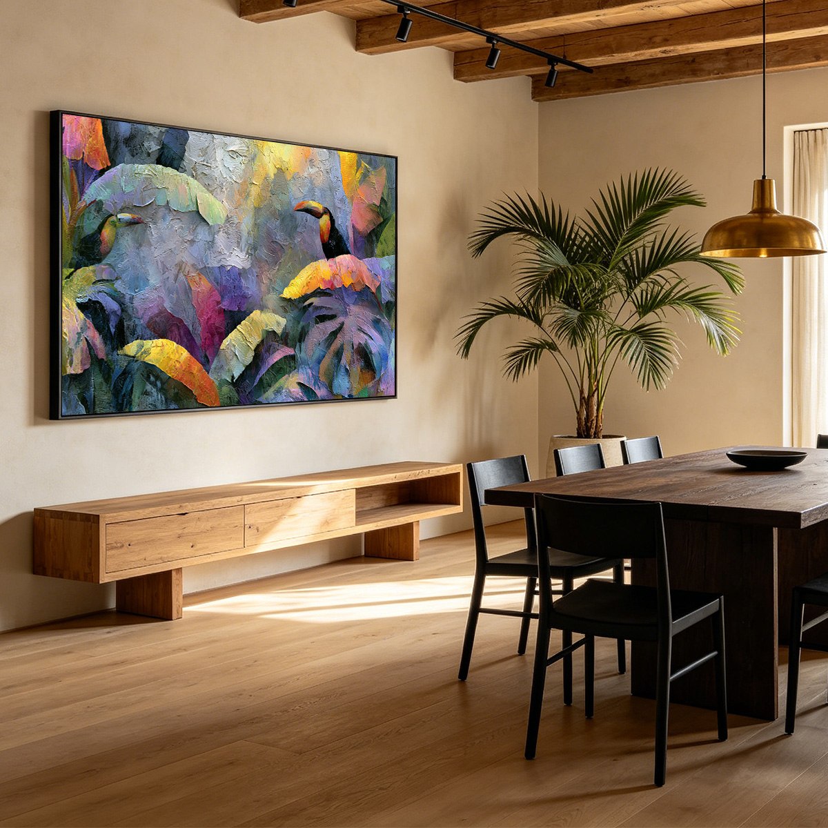 JUNGLE SANCTUARY: Heavily Textured Impasto Toucan & Tropical Leaf Painting