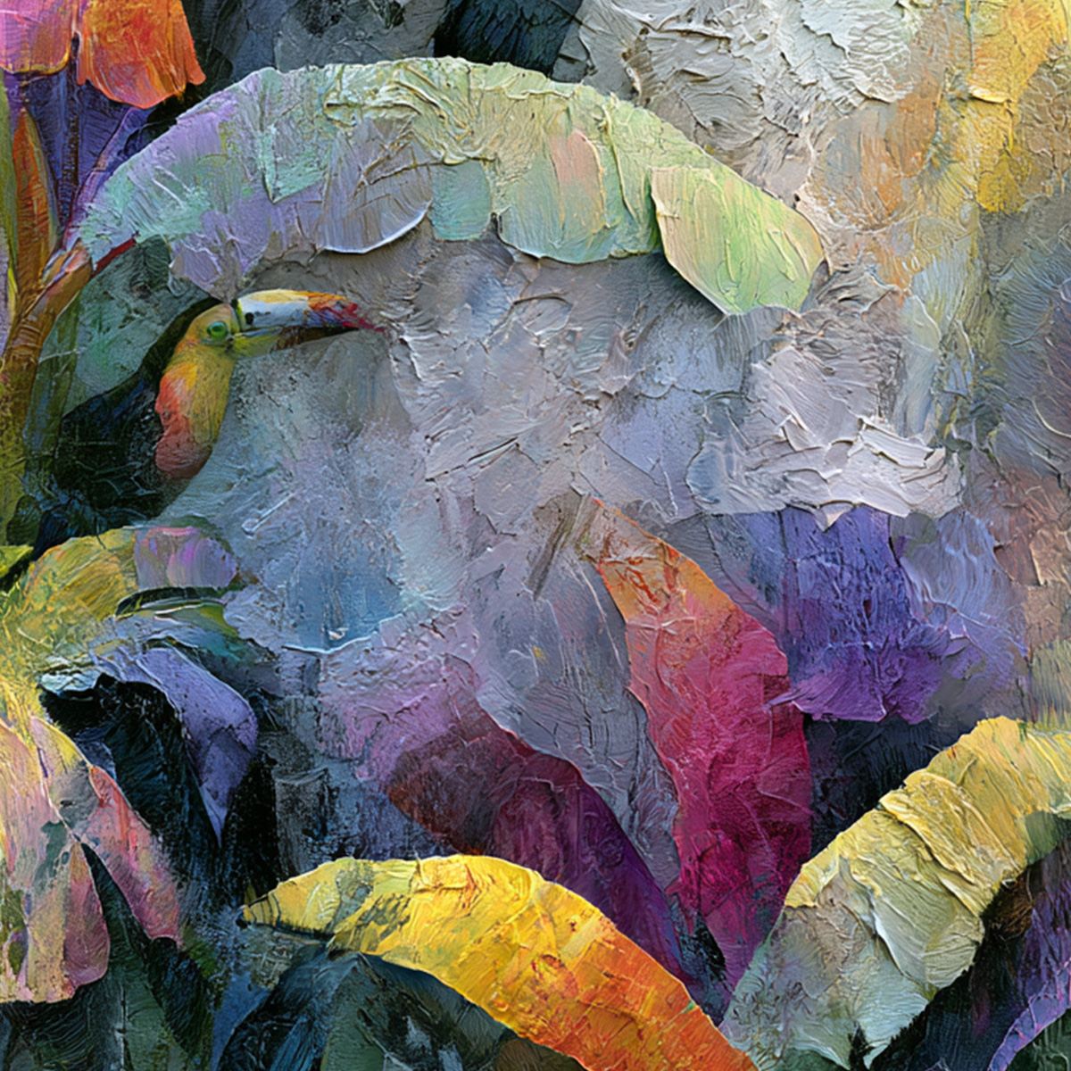 JUNGLE SANCTUARY: Heavily Textured Impasto Toucan & Tropical Leaf Painting