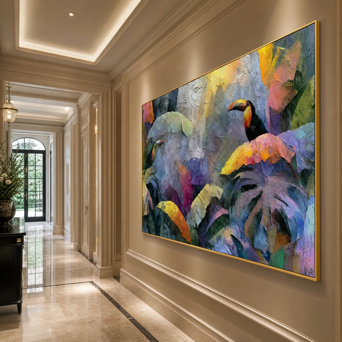 Heavily textured impasto toucan and tropical leaf wall art in a gold frame