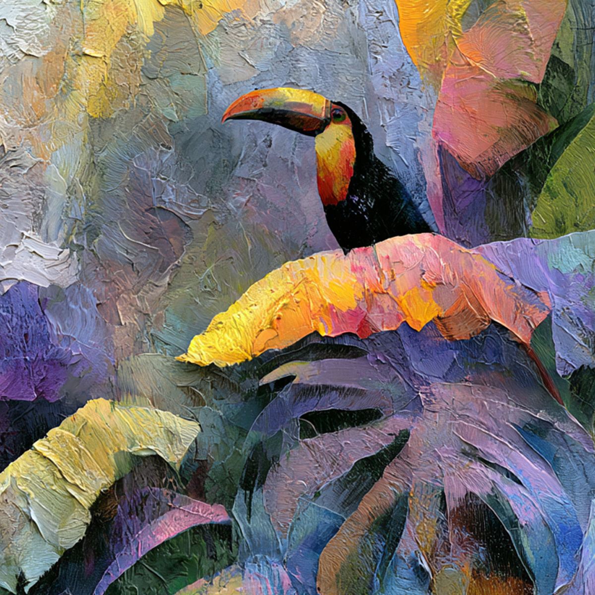 JUNGLE SANCTUARY: Heavily Textured Impasto Toucan & Tropical Leaf Painting
