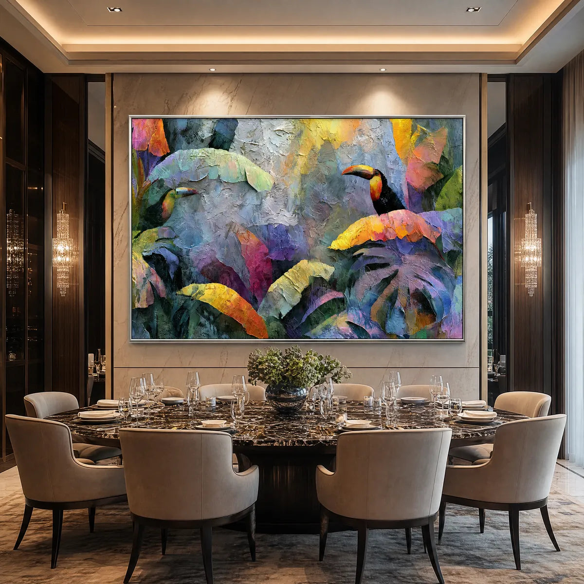 JUNGLE SANCTUARY: Heavily Textured Impasto Toucan & Tropical Leaf Painting