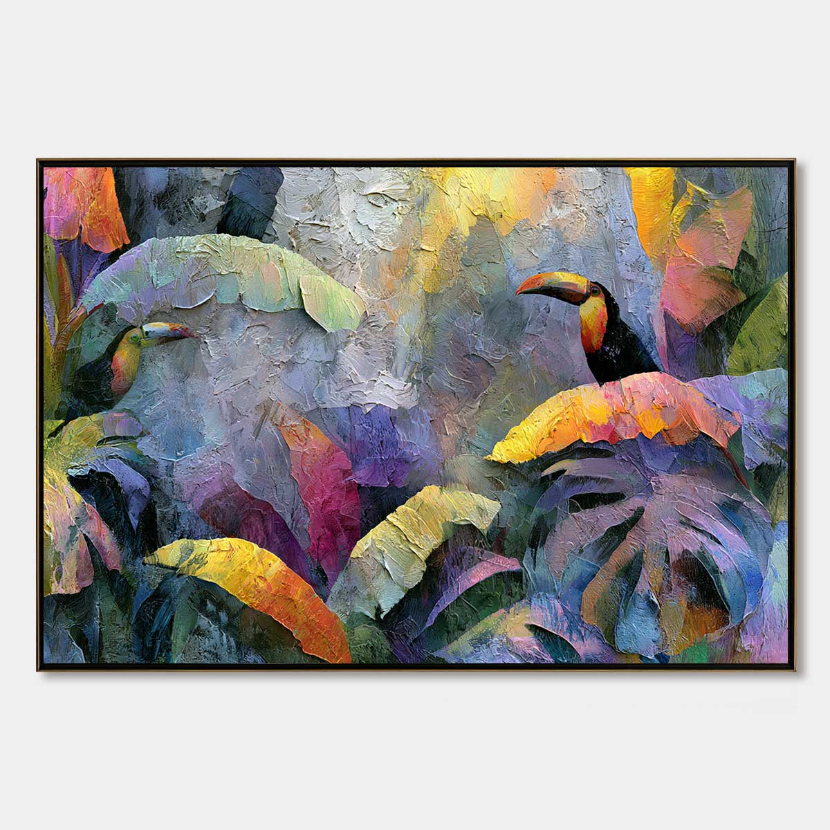 JUNGLE SANCTUARY: Heavily Textured Impasto Toucan & Tropical Leaf Painting