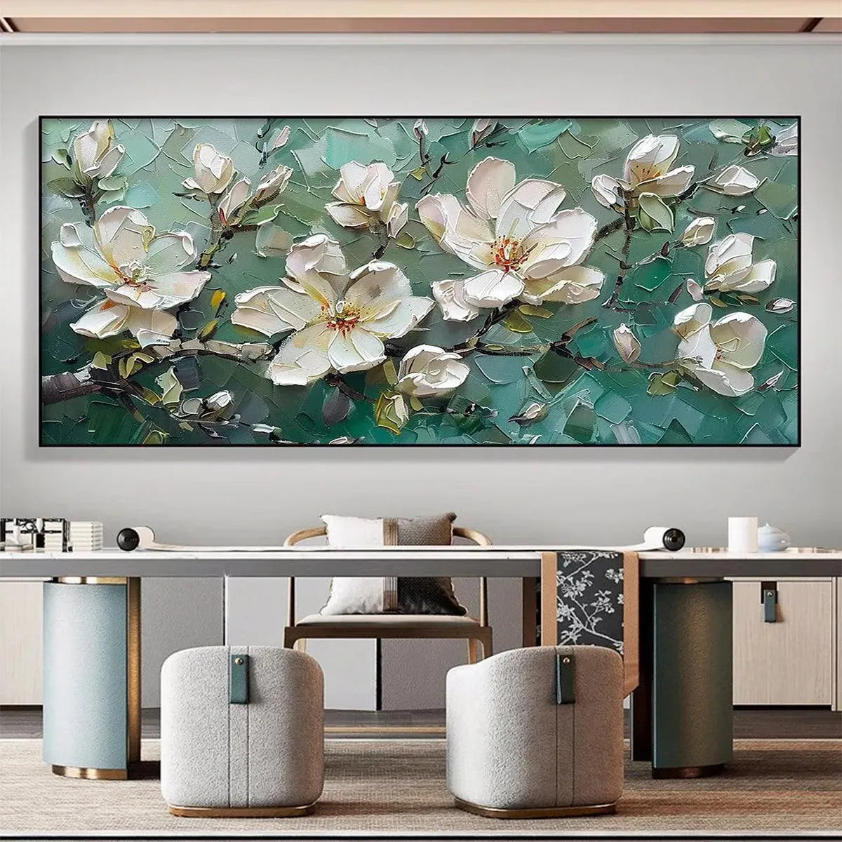 Jade Magnolia impasto painting featuring white magnolias on teal, framed and ready to hang, perfect for living room decor.