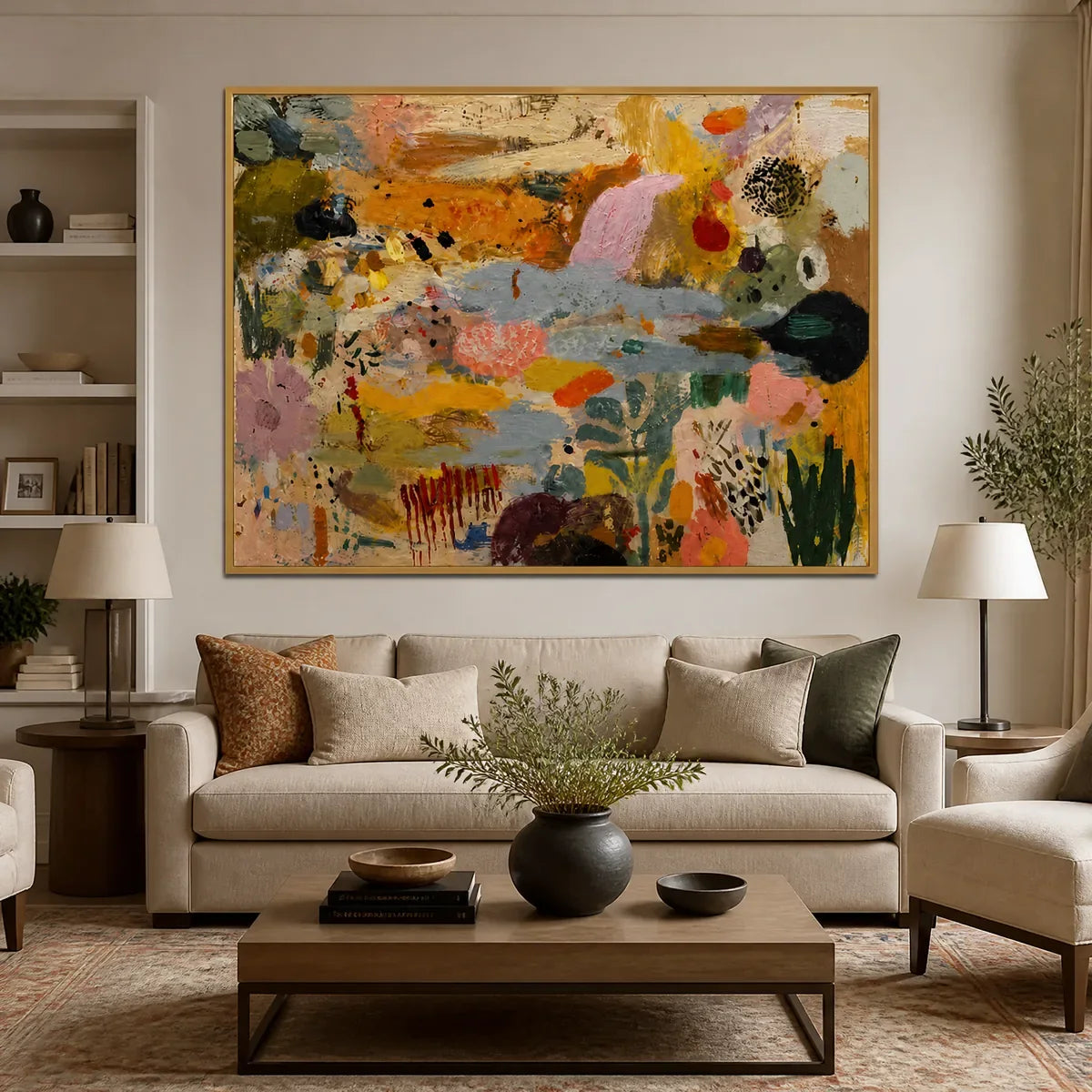 Chromatic Garden Drift in a living room with gold frame