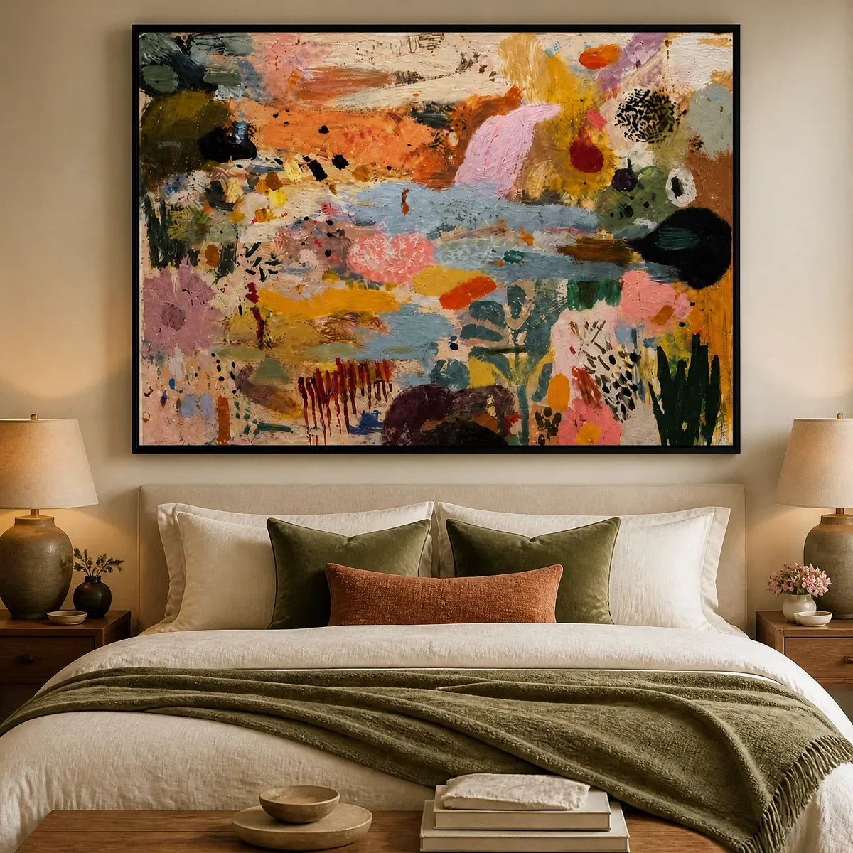 Chromatic Garden Drift in a bedroom with black frame