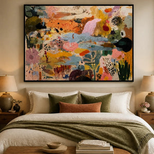 Chromatic Garden Drift in a bedroom with black frame