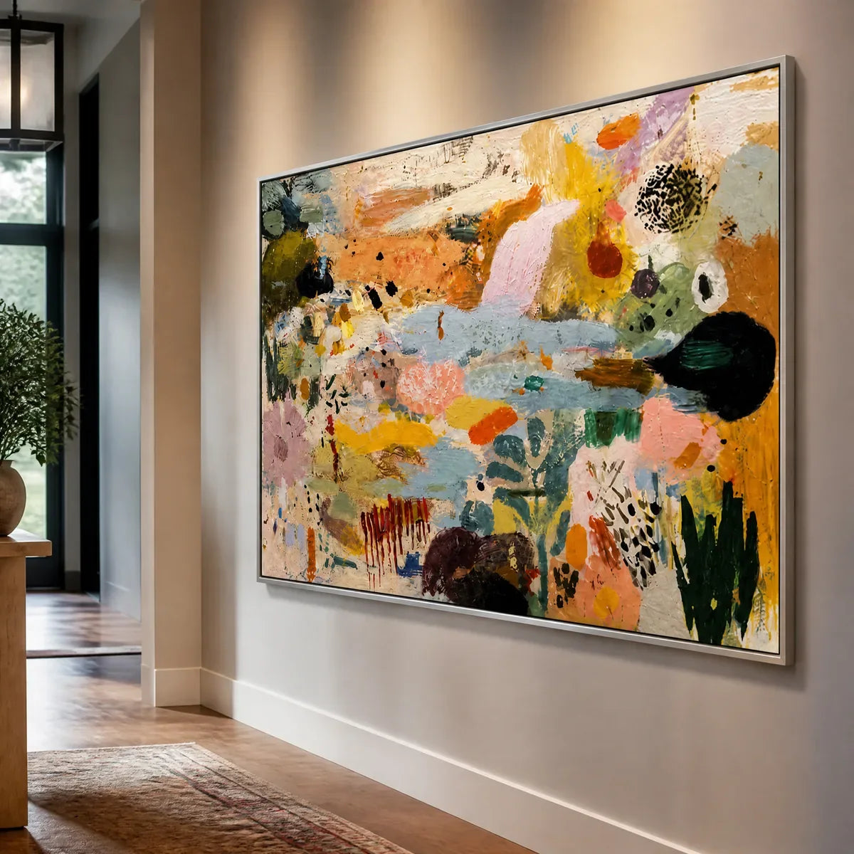 Chromatic Garden Drift in an entry hall with silver frame