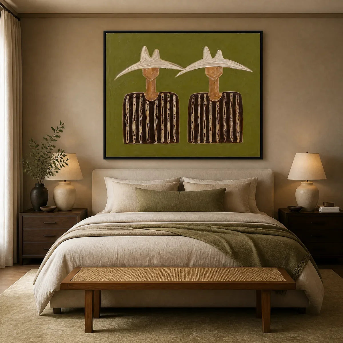 TWIN SOLSTICE FIGURES displayed in a refined bedroom