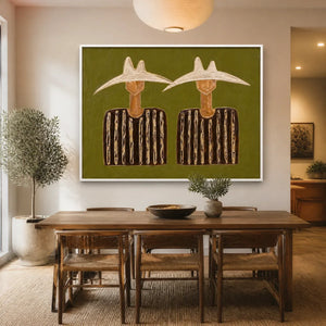 TWIN SOLSTICE FIGURES displayed in a refined dining room
