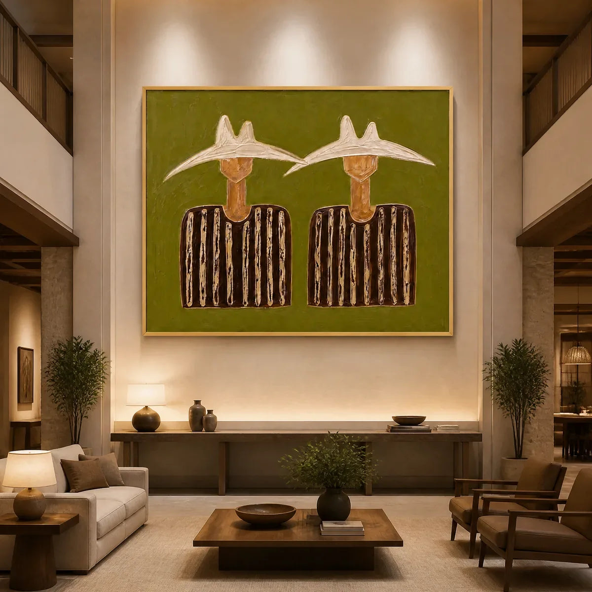 TWIN SOLSTICE FIGURES displayed in a refined hotel