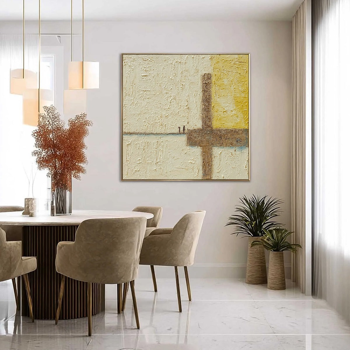 Juncture textured Wabi Sabi abstract oil painting with figures in beige and brown.