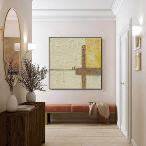 "Juncture" textured Wabi Sabi abstract oil painting with beige, brown, yellow hues and two figures.