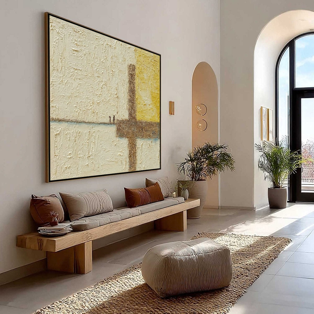Original Juncture: Textured Wabi Sabi abstract oil painting, neutral palette, figures.