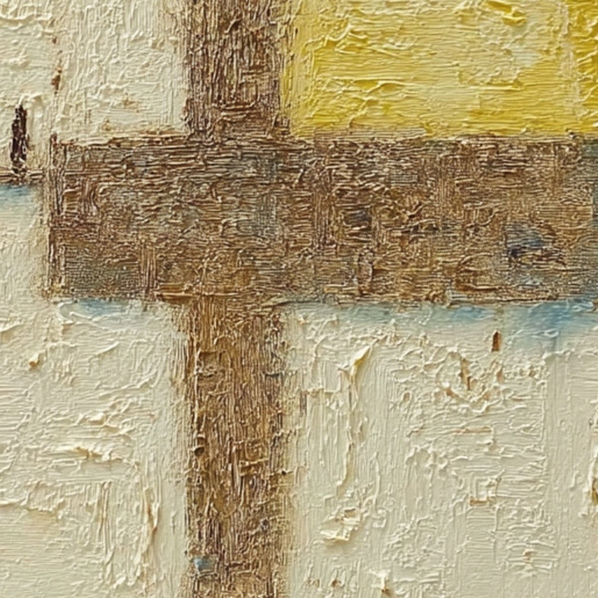 Textured Wabi Sabi abstract oil painting with impasto brown, beige, and yellow details.