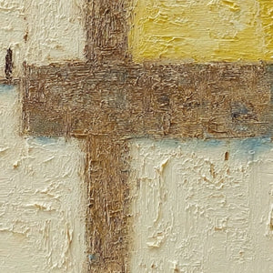 Textured Wabi Sabi abstract oil painting with impasto brown, beige, and yellow details.