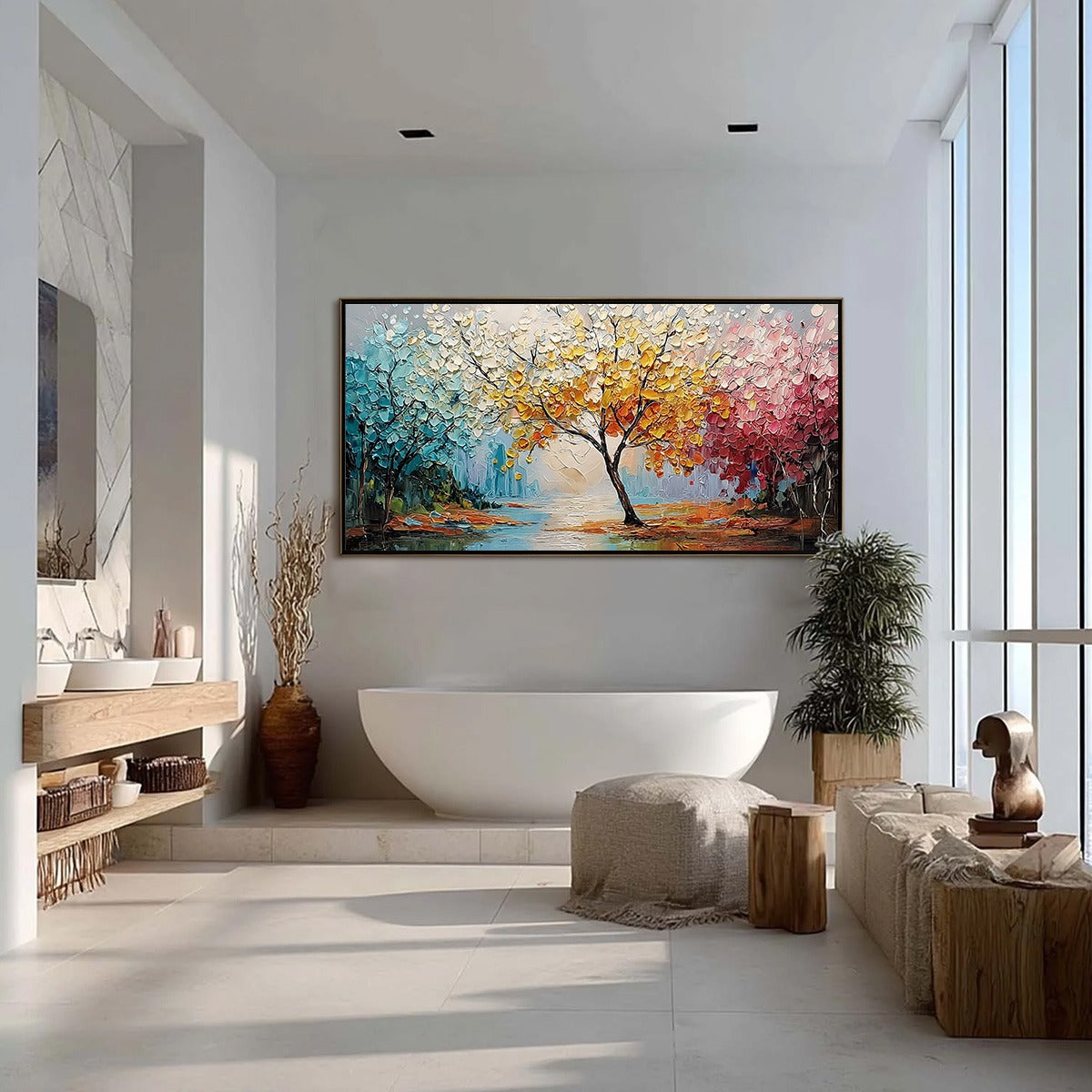 KALEIDOSCOPE OF SEASONS: Large Textured Palette Knife Tree Landscape Oil Painting