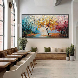 KALEIDOSCOPE OF SEASONS: Large Textured Palette Knife Tree Landscape Oil Painting