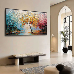 KALEIDOSCOPE OF SEASONS: Large Textured Palette Knife Tree Landscape Oil Painting