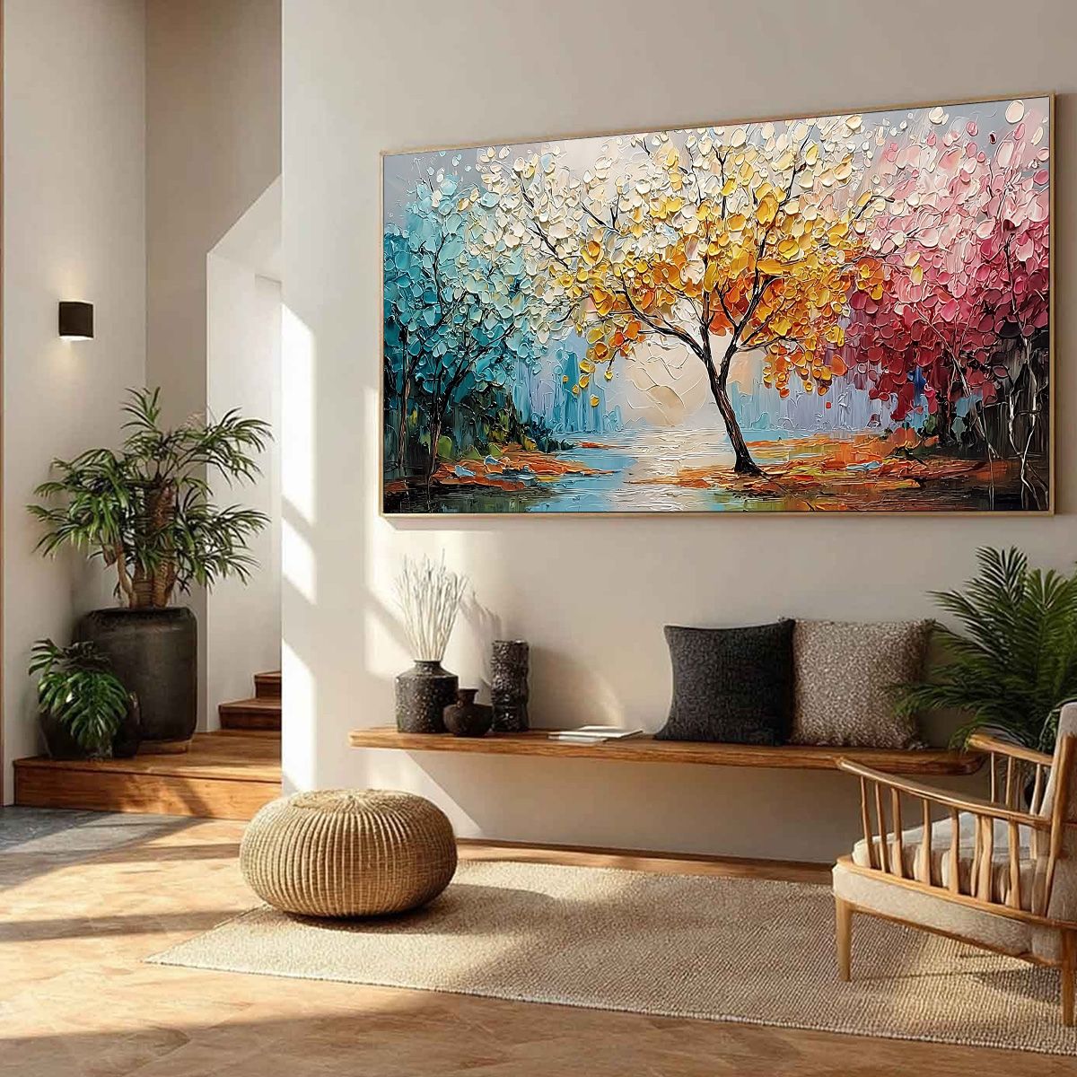 KALEIDOSCOPE OF SEASONS: Large Textured Palette Knife Tree Landscape Oil Painting