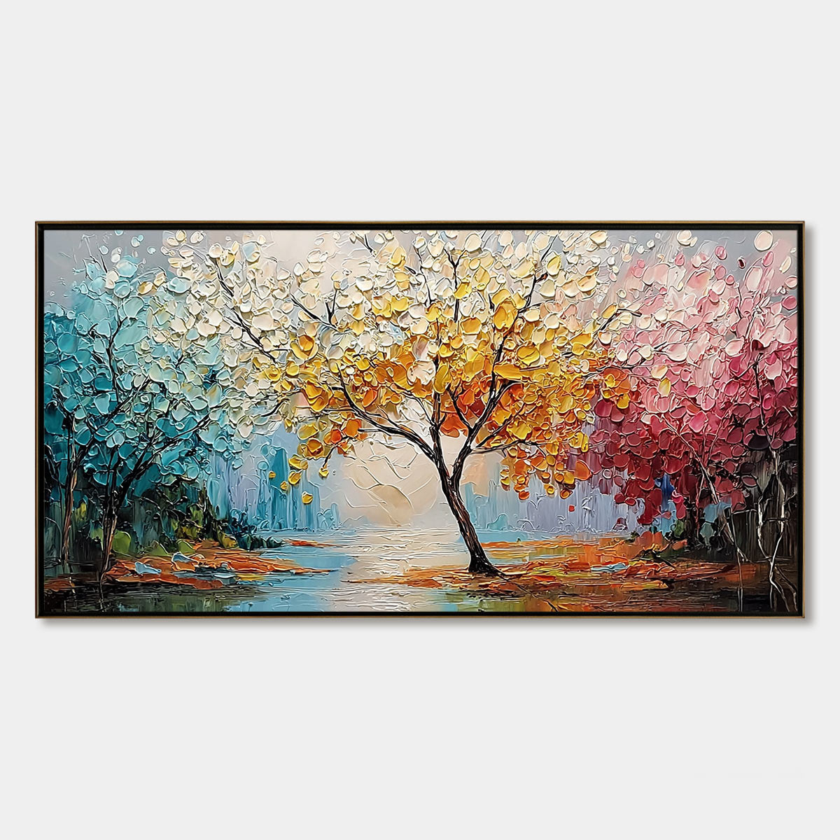 KALEIDOSCOPE OF SEASONS: Large Textured Palette Knife Tree Landscape Oil Painting
