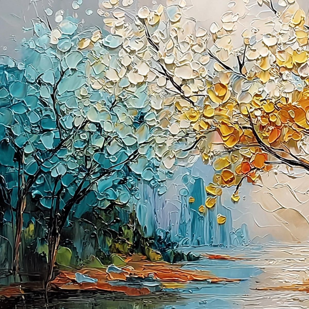 KALEIDOSCOPE OF SEASONS: Large Textured Palette Knife Tree Landscape Oil Painting