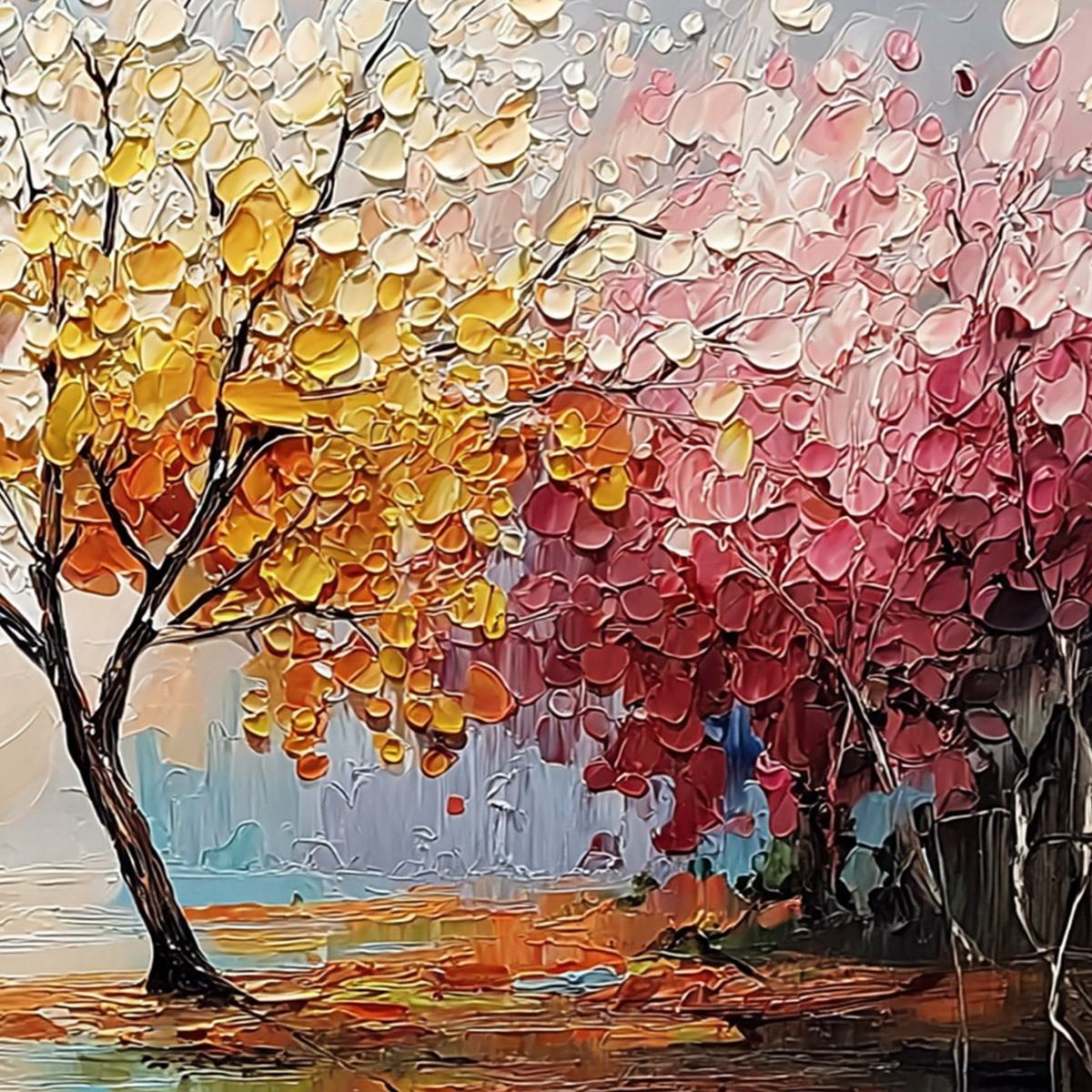 KALEIDOSCOPE OF SEASONS: Large Textured Palette Knife Tree Landscape Oil Painting