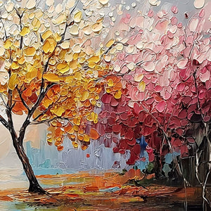KALEIDOSCOPE OF SEASONS: Large Textured Palette Knife Tree Landscape Oil Painting