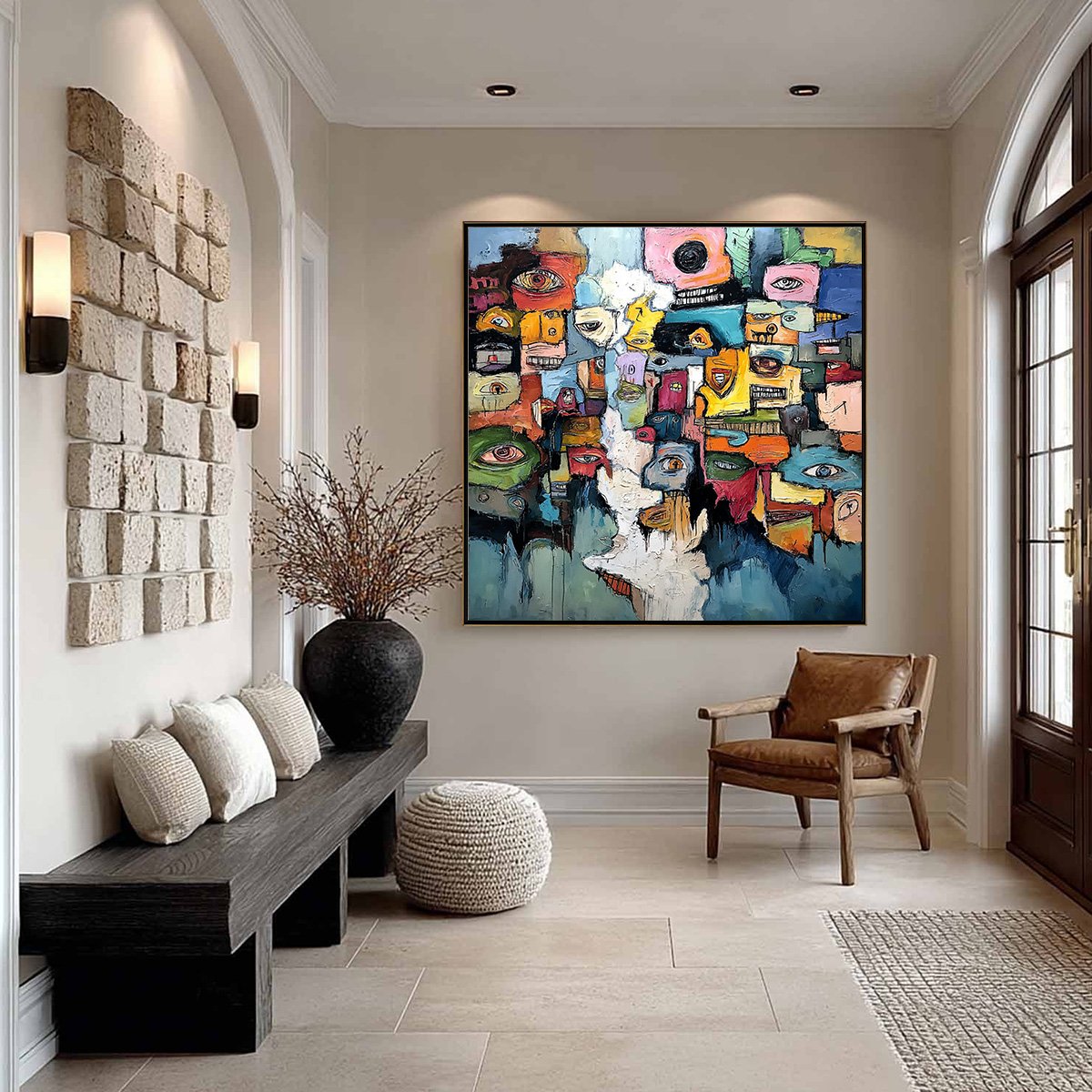 KALEIDOSCOPE OF SOULS: Large Colorful Abstract Faces Oil Painting